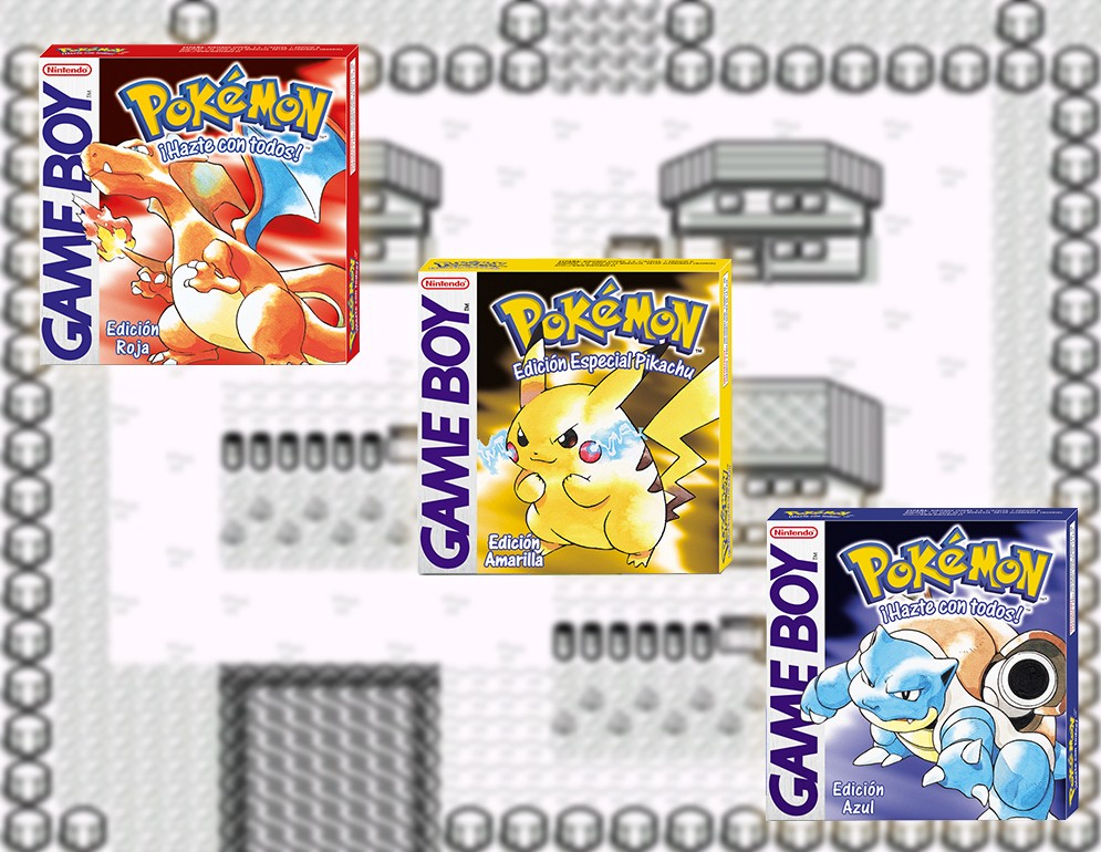 Pokémon Amarillo junto a las versiones Rojo y Azul con pueblo paleta de fondo